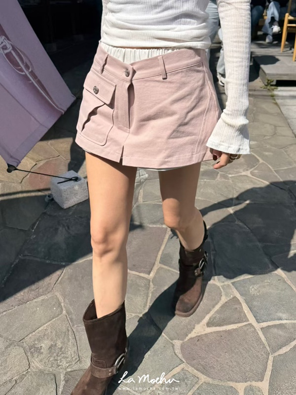 腰拼色兩扣單口袋褲裙